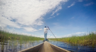 Image of tourists experiencing a traditional Mokoro ride in the Okavango Delta, Botswana. They are gently gliding through serene waterways lined with lush greenery, under a bright, clear sky, immersing in the tranquility and beauty of the wilderness
