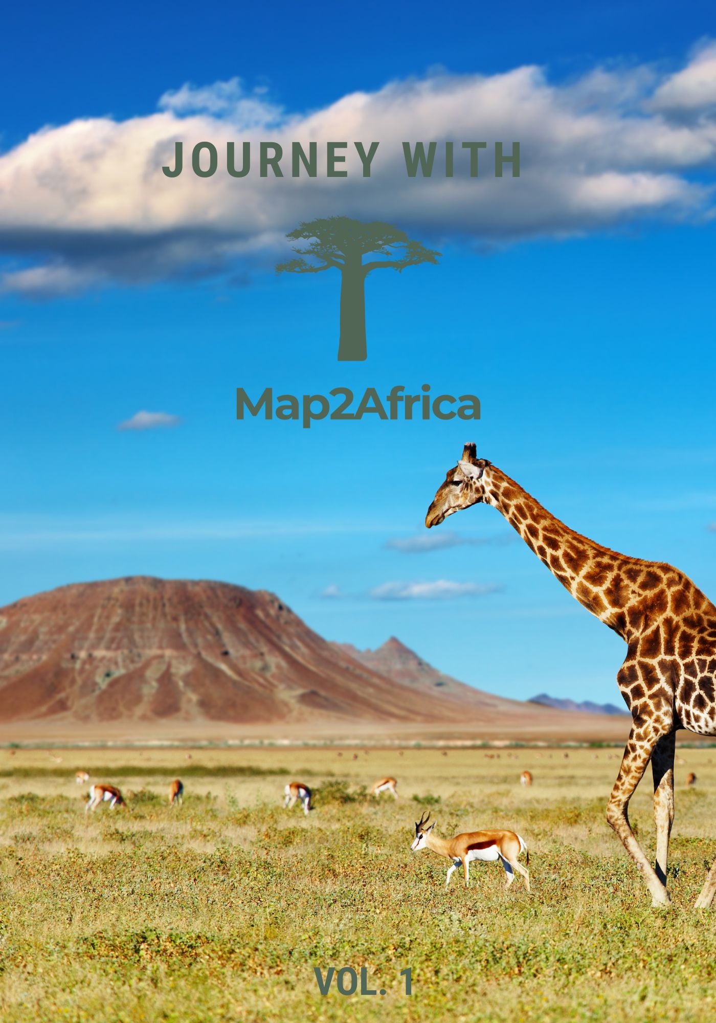 Cover image for the 'Map2Africa Guide to African Safari' E-book, featuring a stylized map of the African continent. The map is dotted with illustrations representing different wildlife such as elephants, lions, giraffes and rhinos, as well as iconic landmarks like Mount Kilimanjaro and the Pyramids of Egypt. The title of the e-book is prominently displayed in bold typography at the top of the image."